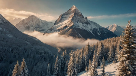 Panoramic view of snow-capped mountains in the morningの写真素材