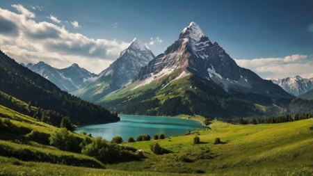Panoramic view of Matterhorn and Lake Zermatt, Switzerlandの写真素材