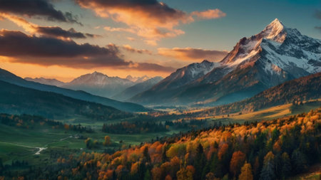 Colorful autumn landscape in the mountains. Sunrise in the mountains.の写真素材