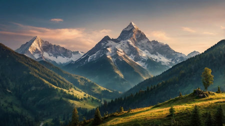 panoramic view of mount Matterhorn in Switzerland at sunset.の写真素材