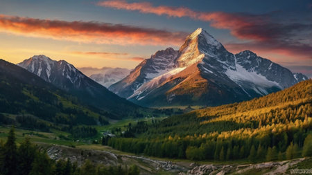 Matterhorn in the Swiss Alps at sunrise. Panoramic view.
