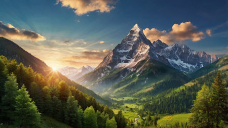 Mountain landscape at sunrise. Peaks of the Swiss Alps. Panorama