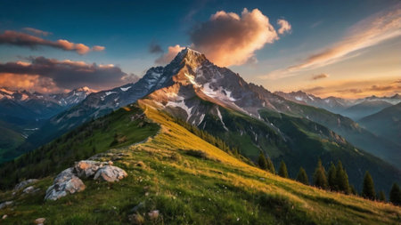 Panoramic view of the peaks of the mountains at sunsetの写真素材
