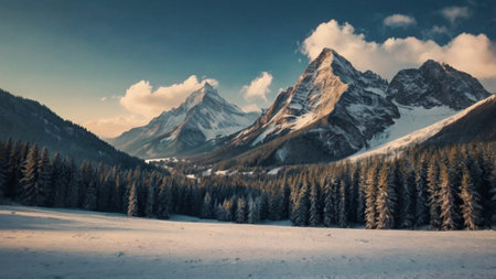Panoramic view of snow-capped mountains in winter.の写真素材