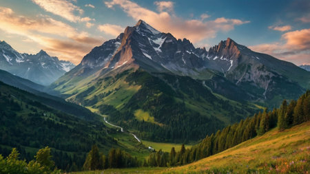 Mountain landscape at sunset. Panoramic view of the Alps.の写真素材