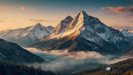 Mountain in the clouds at sunriseの写真素材