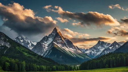 Mountain landscape at sunset. Panoramic view of the mountains.の写真素材