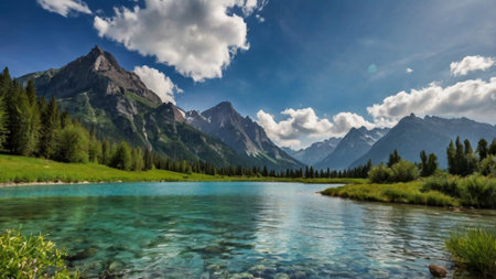Panoramic view of a mountain lake in the Swiss Alps.