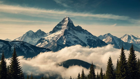 Matterhorn mountain with clouds and coniferous forest, Switzerland