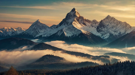 Mountain landscape with snow-capped peaks in the morning mistの写真素材