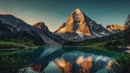 Beautiful alpine lake with reflection of mountains in the water.の写真素材