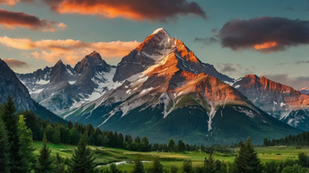 Panoramic view of mount Matterhorn at sunset, Zermatt, Switzerlandの写真素材