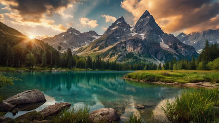 Mountain lake at sunset. Beautiful summer landscape in the mountains.