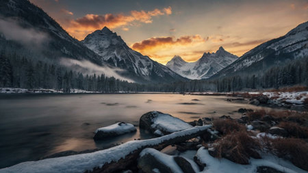 Beautiful winter landscape with lake and mountains in the background at sunset