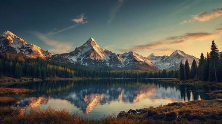 Panoramic view of the lake in the Canadian Rockies at sunrise