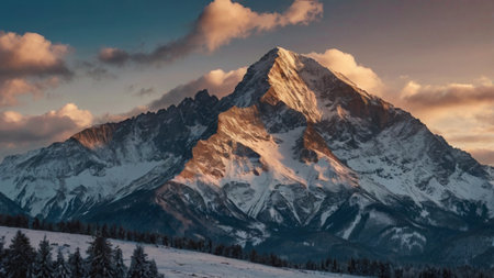 Mountain landscape with snow covered peaks at sunset in the Alps.の写真素材
