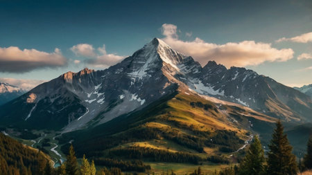 Mountain panorama at sunset. Beautiful mountain landscape with snow-capped peaks.の写真素材