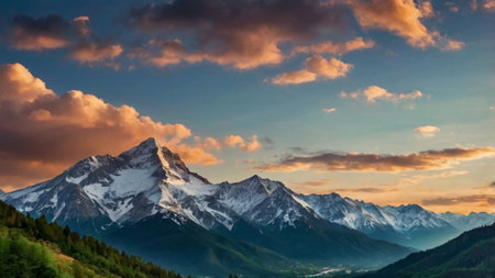 Beautiful alpine landscape with snow-capped mountains at sunsetの写真素材