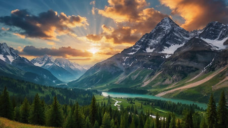 Mountain landscape with lake and forest at sunset. Panoramic view