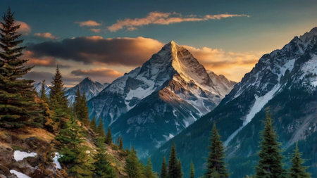 Panoramic view of snow-capped mountains in the eveningの写真素材