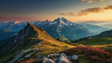 Panoramic view of the alpine meadow at sunset.の写真素材