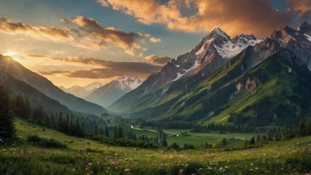Mountain landscape at sunset. Panoramic view of the mountains and meadowsの写真素材