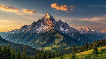 Matterhorn in the Swiss Alps at sunset. Panoramic view.