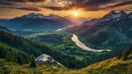 Mountain landscape with a river in the mountains at sunset. Panoramaの写真素材