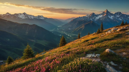 Mountain landscape with flowers in the foreground. Sunset in the mountains.