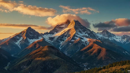 Beautiful alpine landscape with snow capped mountain peaks at sunset.の写真素材