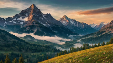 Mountain landscape at sunrise.