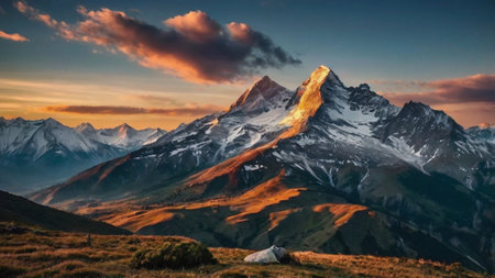Matterhorn peak at sunset, Zermatt, Switzerland.の写真素材