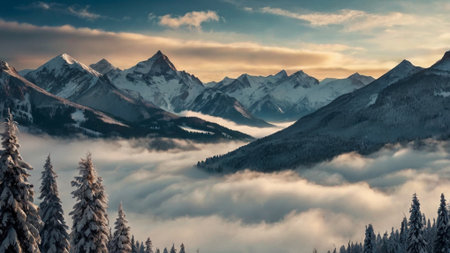 Fantastic winter landscape in the mountains. Dramatic overcast sky. Beauty world.の写真素材