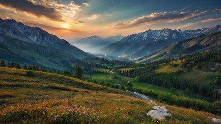 Panoramic view of the alpine meadow in the mountains at sunsetの写真素材