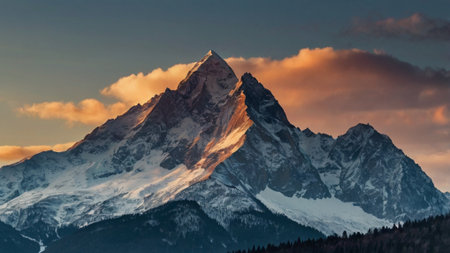 Matterhorn mountain peak at sunset, Zermatt, Switzerlandの写真素材