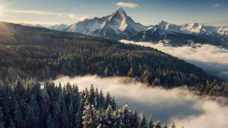 Aerial view of snow covered mountain peaks in the clouds. Beautiful winter landscape.の写真素材