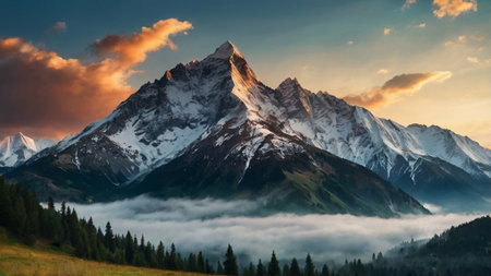 Mountain landscape with snow-capped peaks and clouds at sunsetの写真素材