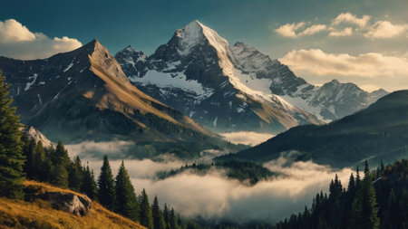 Mountain landscape with clouds and fog. Panoramic view.
