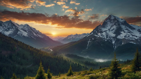 Mountain landscape at sunset. Panoramic view of the mountains.