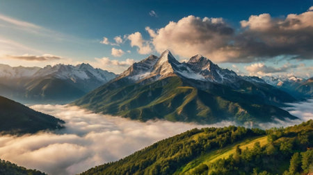 Panoramic view of the mountains and clouds in the morning.の写真素材