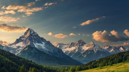 Panoramic view of the mountains in the Alps at sunset.の写真素材