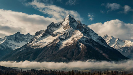 Panoramic view of a majestic mountain peak with snow-covered slopes and dense clouds at the base.の写真素材
