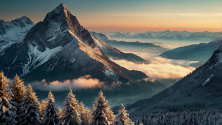 Beautiful winter sunrise in the swiss alps, Switzerland.の写真素材