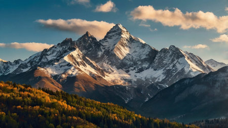 Beautiful alpine landscape with snow-capped mountains in autumnの写真素材