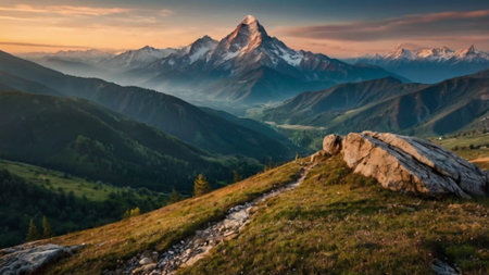 Panoramic view of the mount Kazbek at sunset, Georgiaの写真素材