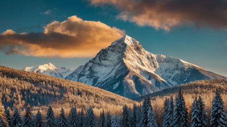 Panoramic view of snow-capped mountains at sunset.の写真素材