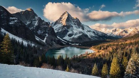 Panoramic view of snow-capped mountains and lakeの写真素材