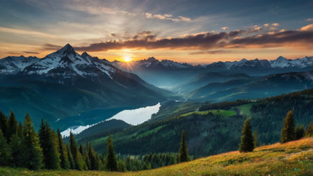 Panoramic view of Alps mountains at sunset, Switzerland, Europeの写真素材