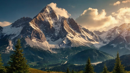 Mountain panoramic landscape with snow-capped peaks.の写真素材