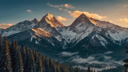 Panoramic view of snow-capped mountains at sunset.の写真素材